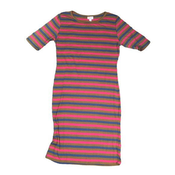 DRESS - NWT Women's LuLa Roe Multicolored Striped "Julia" T-Shirt Dress. Size L - Picture 12 of 13